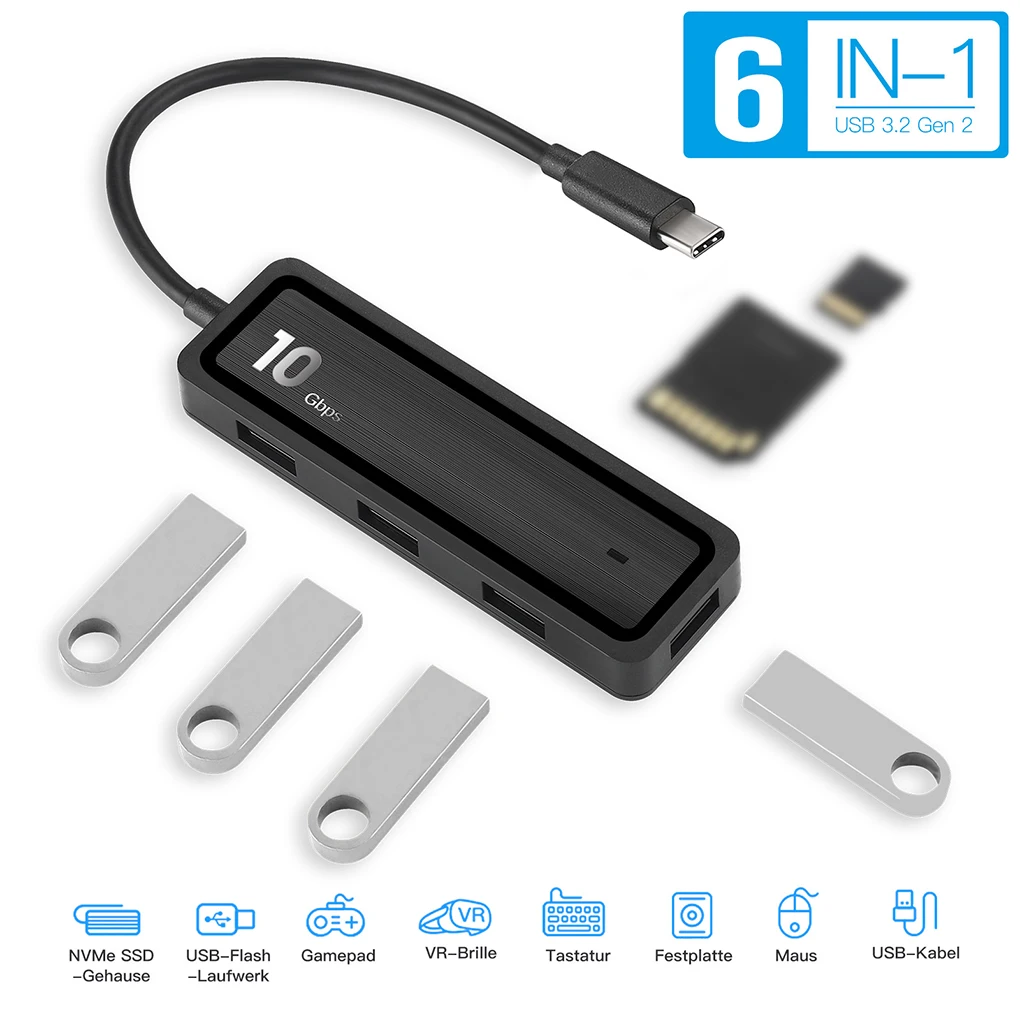 

10Gbps 20cm Type C to USB 3 2 Adaptor Professional 6 in 1 Memory Card 4 Ports Hub Meeting Presentation Converter