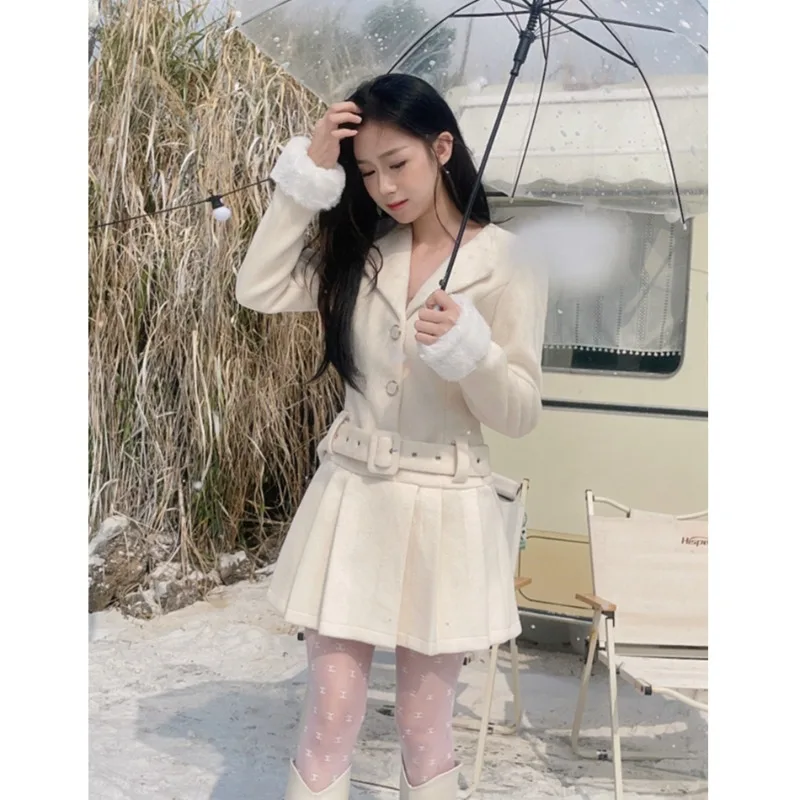 

Korean Fashion Thickened Woolen Dress for Women in Autumn and Winter New High-end Feeling with A Waistband A-line Dress