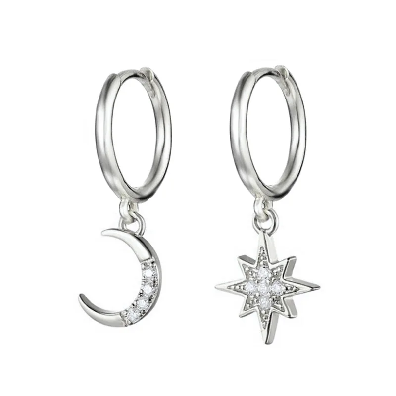 Prevent Allergy 925 Silver Needle Asymmetrical Star Moon Earrings Crystal Charms Stud Earrings For Women Girls Jewelry eh375 silver earrings silver stud earrings womens earrings silver needle earrings crystal ear studs