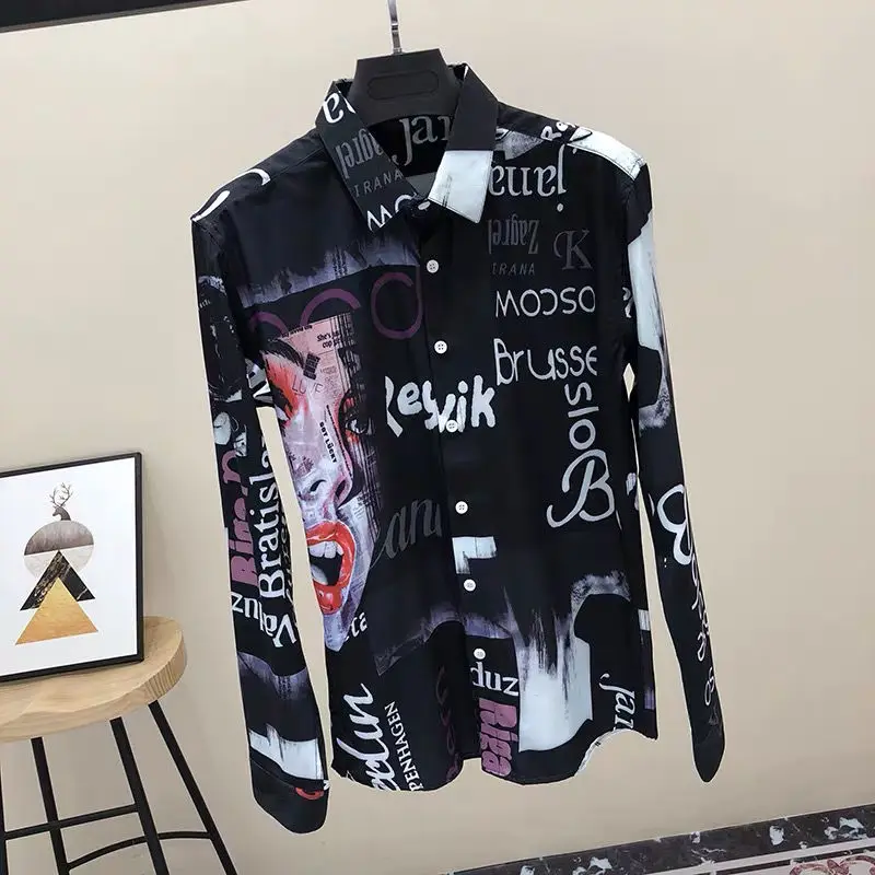 

Spring and autumn men's flower shirt long sleeve Korean slim trend handsome retro casual printed shirt
