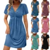 Fashionable V-neck Short-sleeved Knot Pure Color Women's Dress Cross-border Princess Sleeve Empire Waist Midi Dress
