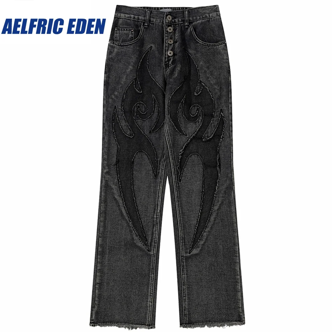 Aelfric Eden Graphic Embroidery Jeans Hip Hop Denim Pants Streetwear Men Denim Pants Harajuku Cotton Trousers Harem Pant Elastic