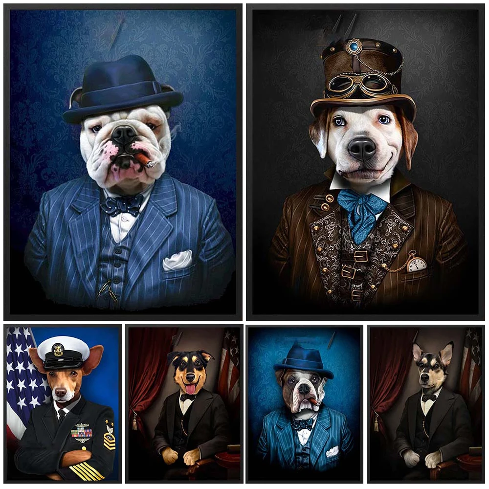 

Funny Pet Dog Gentleman Cat Portrait Posters Wall Pictures For Living Room Nordic Poster Wall Art Canvas Painting Unframed