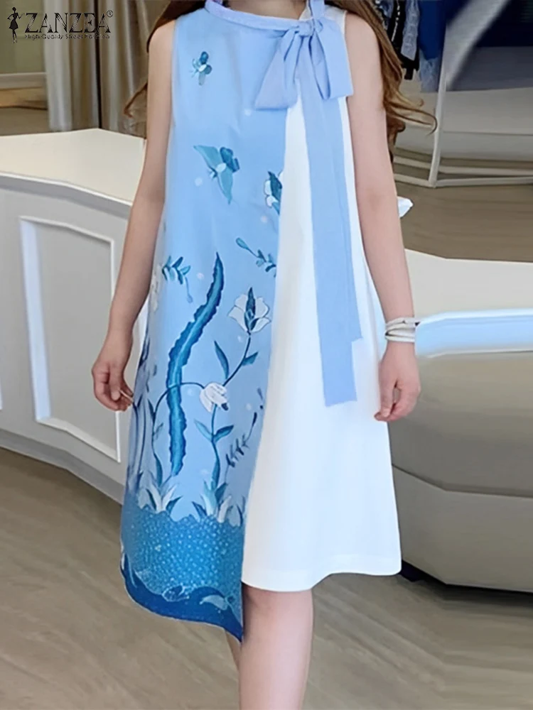 

Women Elegant Knee-length Dress ZANZEA Fashion Printed Splicing Dress Tie Neck Sleeveless Casual Loose Irregular Hem Vestidos