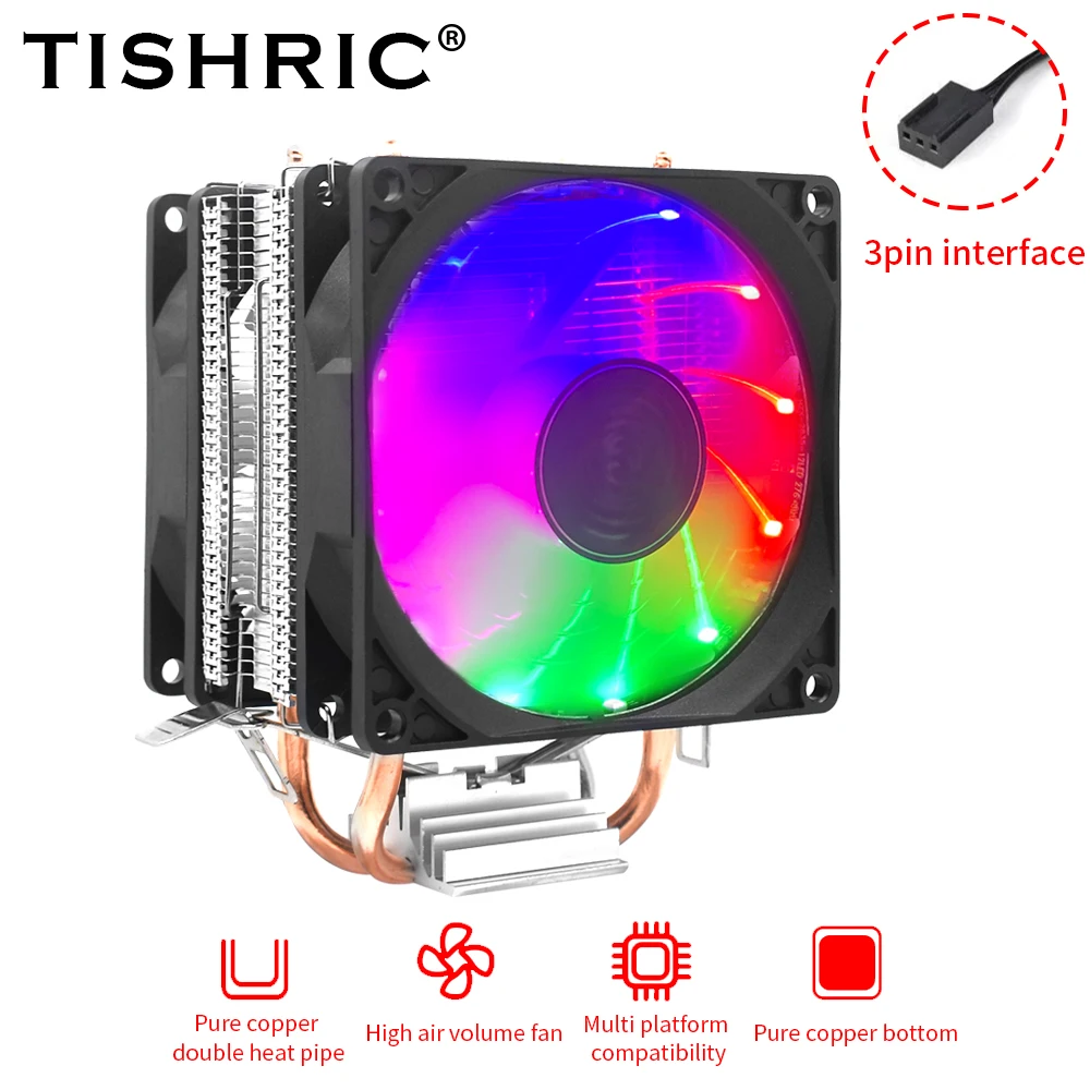 TISHRIC CPU Cooler Cooling Fan 2 Heat Pipes Quiet Radiator 3 Pin PWM