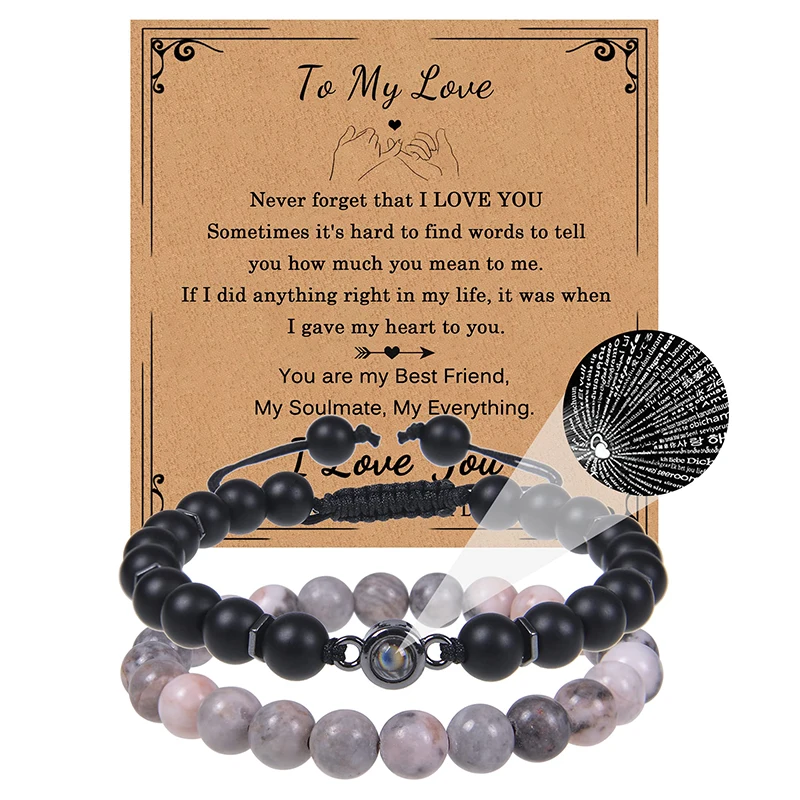 2Pcs Natural Stone Bead Projection Bracelet I Love You 100 Languages ...