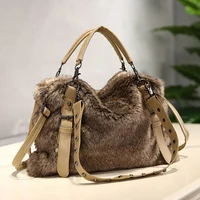 Women Soft Plush Hand Bag New Winter Camel Rivets Large Capacity Tote Bags Female Underarm Bags Faux Fur Shoulder Crossbody Bag