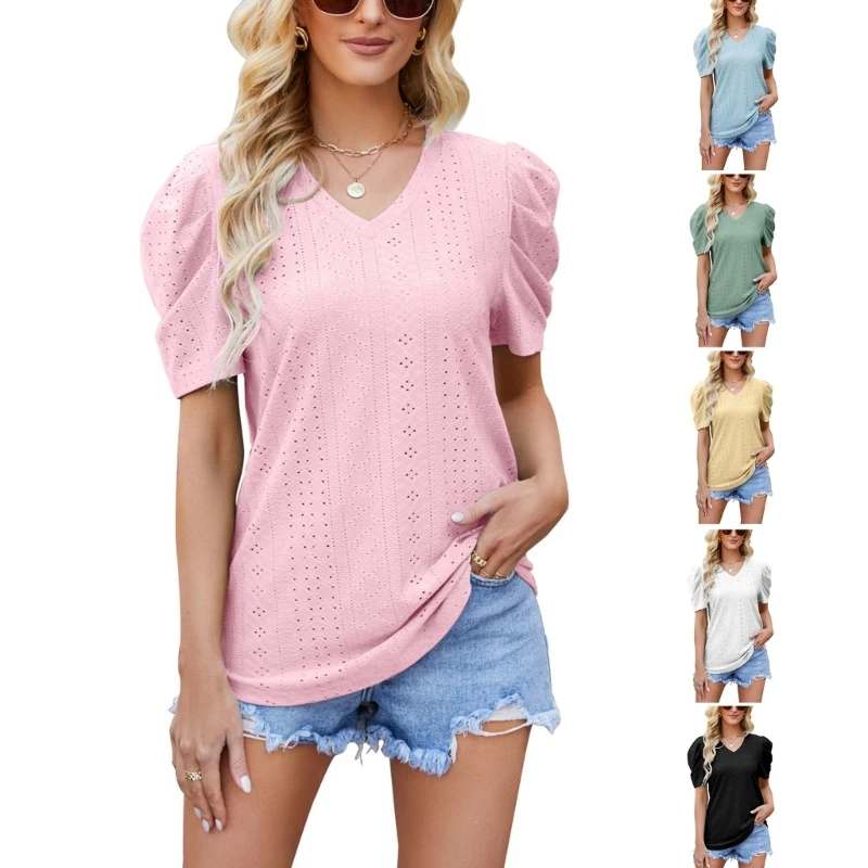 

Womens Puff Short Sleeve T-Shirt V-Neck Hollow-Out Jacquard Casual Tunic Tops