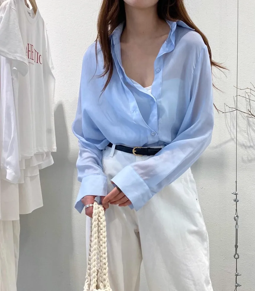 

Women's Design Micro Transparent Long Sleeved Shirt Spring Summer New Fashion Female Solid Color Irregular Loose Blouse