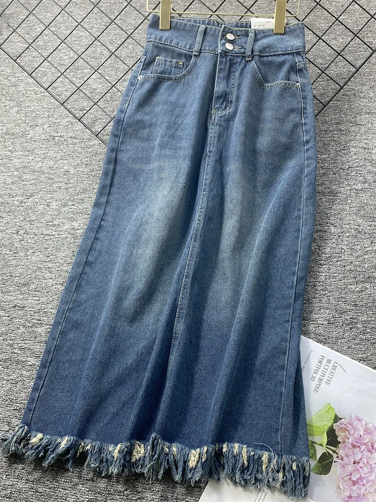 

Women's Blue Denim Skirt Vintage Y2k Skirt Harajuku Korean Casual Fashion 90s A-line Long Jean Skirt With Slit Summer Clothes