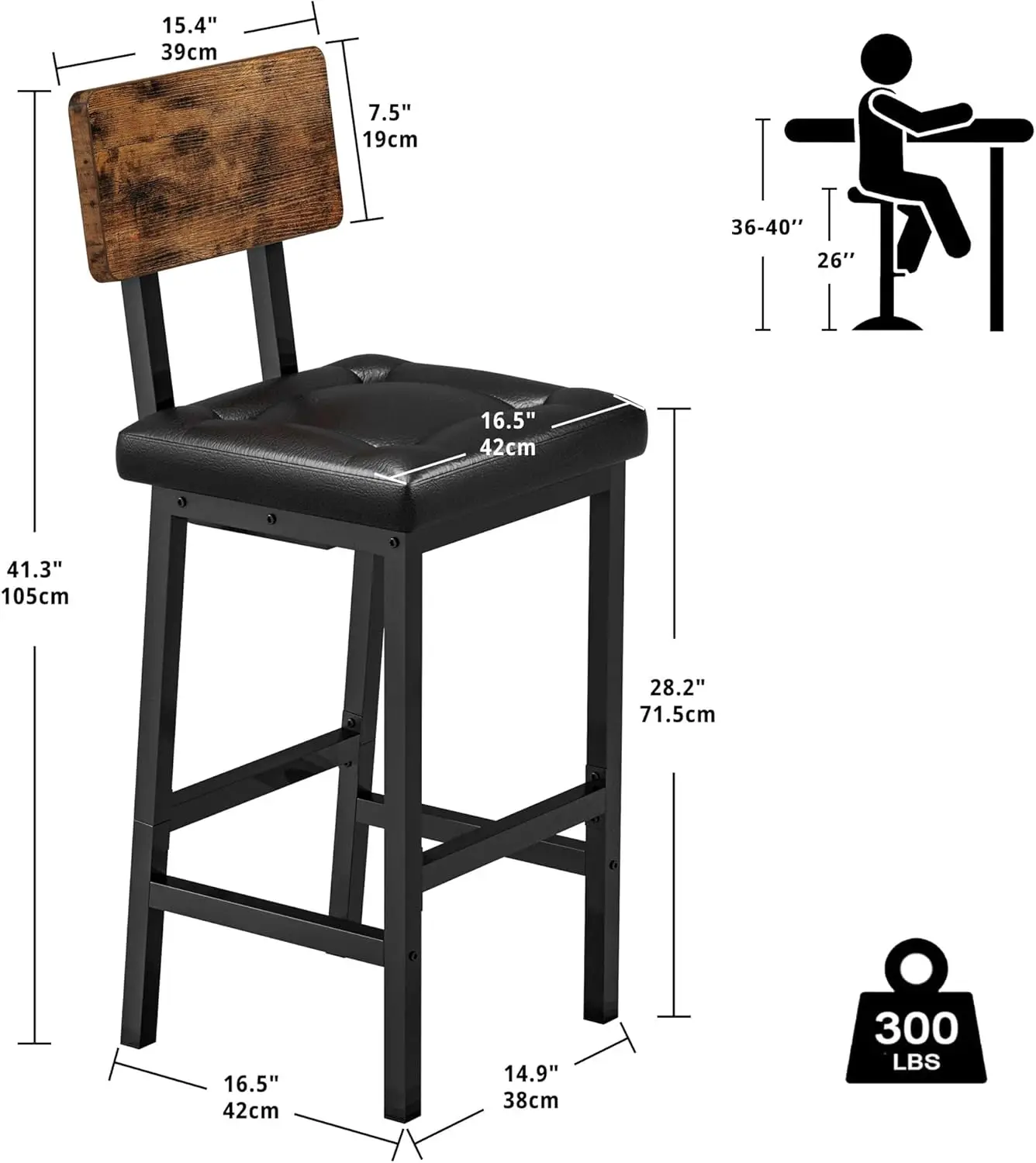 Bar Stools Set of 2, 16.5in Square PU Upholstered Barstools with Back and Footrest, Thick Cushion Stools