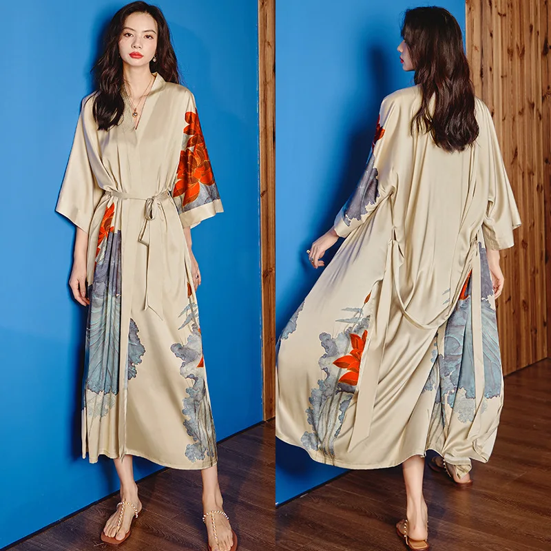 Oversize Long Robe Nightgown Spring Summer Women Black Print Kimono Bathrobe Gown Sexy Sleepwear Satin Home Dress Lounge Wear