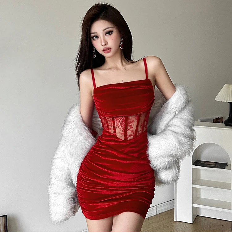 Sexy Bodycon Velvet Dresses for Women Spaghetti Strap Corset Slim Waist Slit Evening Party Dress Prom Robe Christmas Vestidos