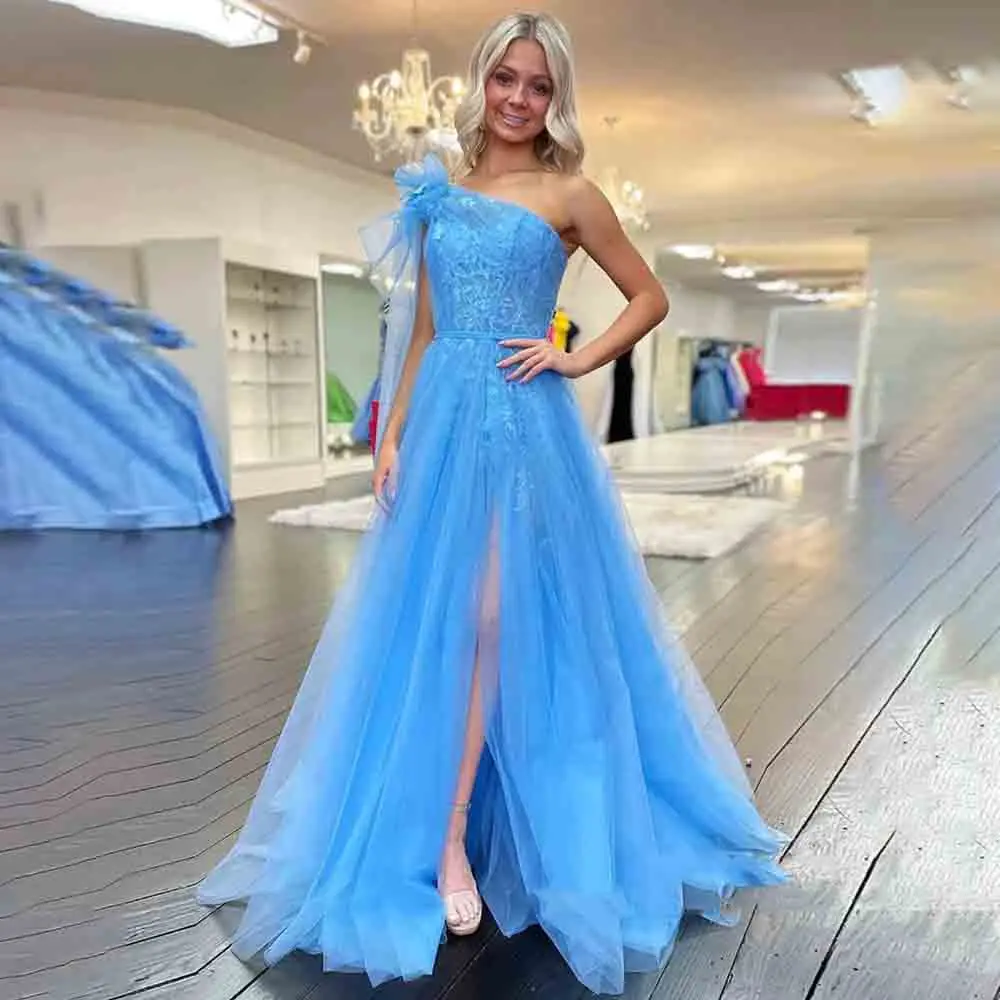 

Elegant One Shoulder Tulle Lace A-line Prom Dress for Women Backless Court Prom Gown with Split vestidos novias boda