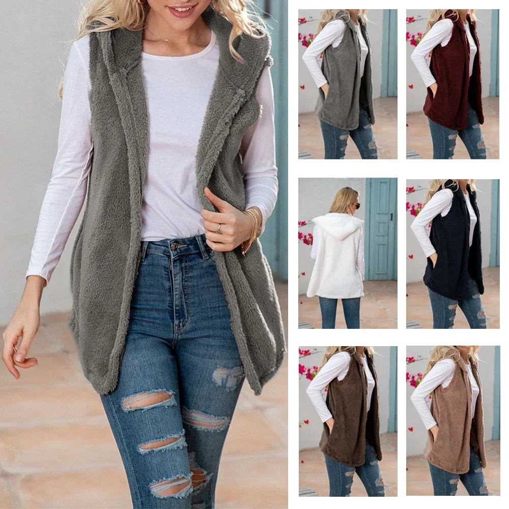 Womens Sherpa Fleece Vest Oversized Sleeveless Cardigan Fashion Solid Jacket with Hood