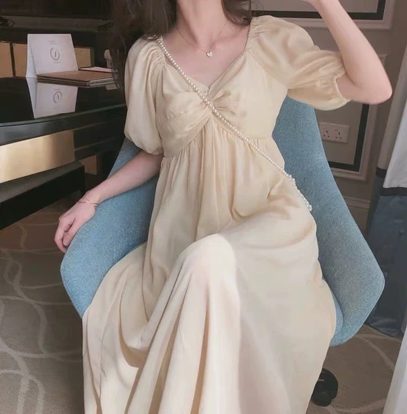 

2024 Summer Pregnancy Chiffon Dress Sweet Loose Backless V-Neck Maternity Empired Dresses Pregnant Women's Beach Dress Wholesale