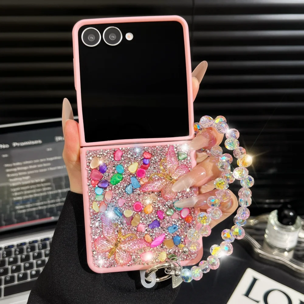 Luxury Full Diamond Phone Case with Colorful Butterfly and Wrist Strap - Shockproof Bling Cover