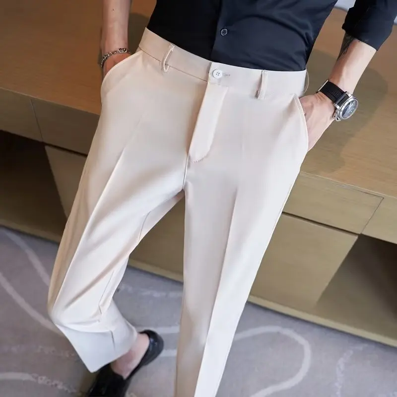 

Plus Size Business Casual Men Suit Pants British Solid Color Slim Male Trousers Fashion Social Pantalon De Vestir Para Hombres