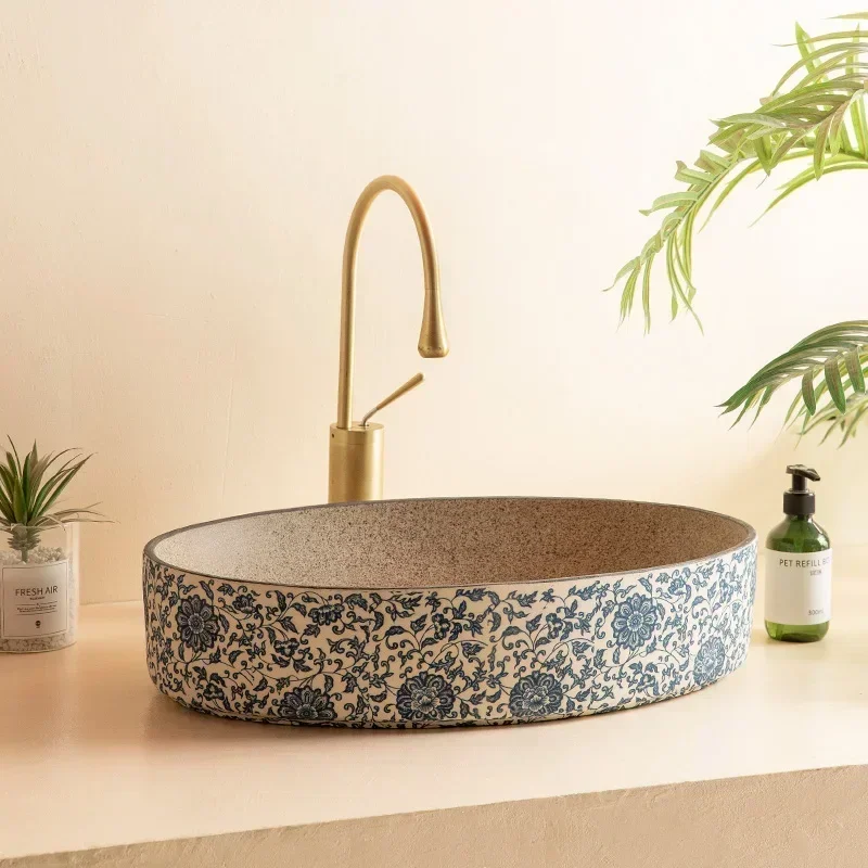 Blue and white porcelain ceramic basin oval retro balcony wash hands single basin toilet wash face bathroom sink washbasin 3