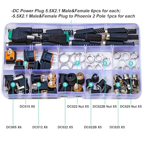 DC Power Jack Connector Assorted Kit, 5.5 x 2.1mm DC Power Supply Jack, DC005 DC012 DC015 DC022 Assortment (DC-Power-Kit)