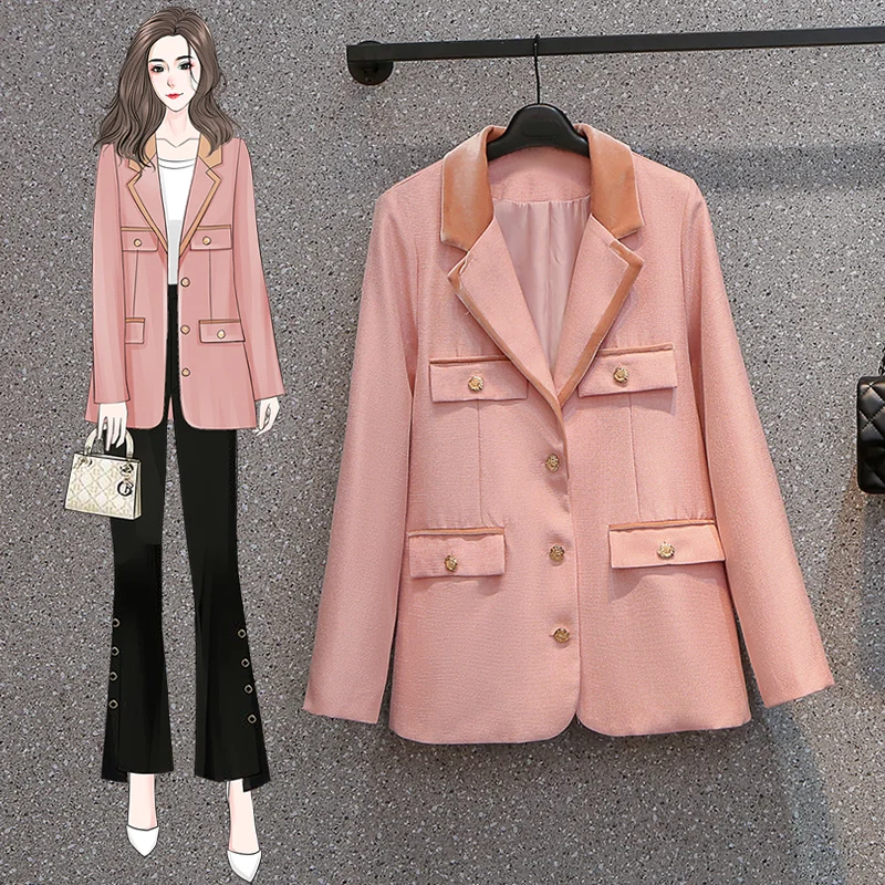 Women Single Breasted Chic Blazer Coat 2022 Spring Autumn Pink Heavy