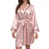 Robe en Satin Sexy pour femmes, manches longues, col en V, Kimono court, passepoil contrasté, ceinturé, vêtements de nuit, Robe de soirée de mariée