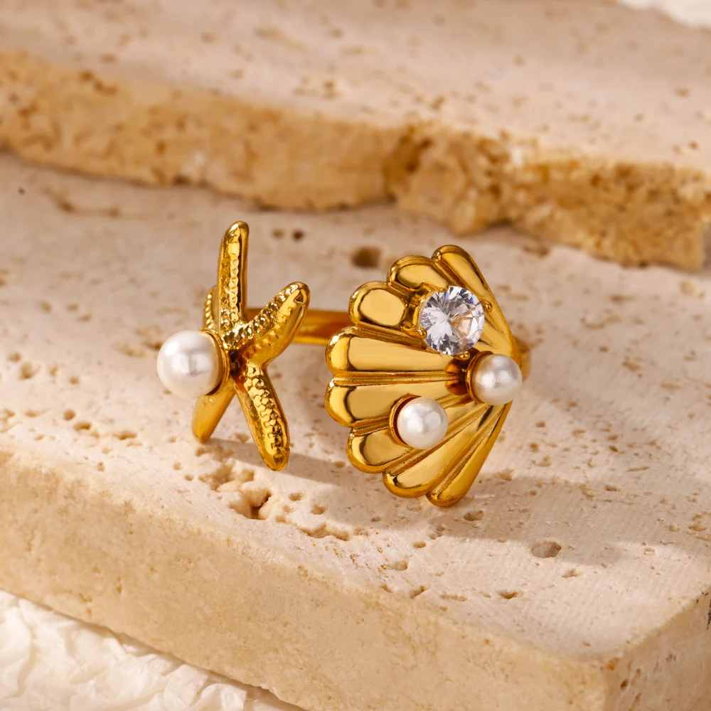 Starfish Shell Rings for Women Girls Gold Double Layers Stainless Steel Ring