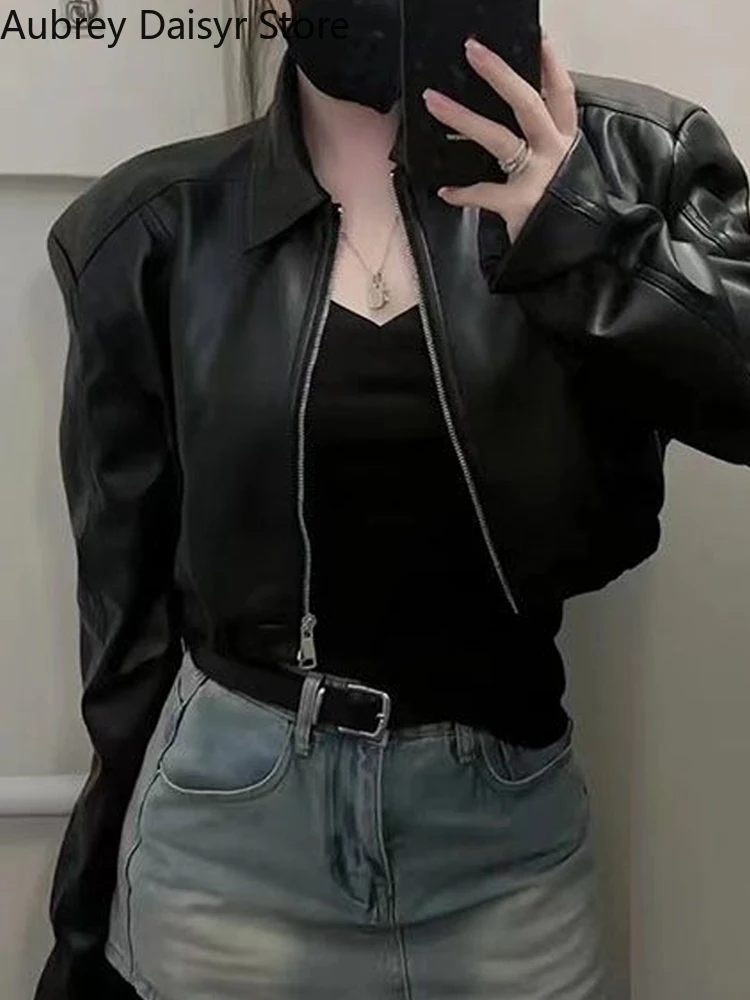 Punk Black Cropped Leather Jacket Women Winter Streetwear Zipper