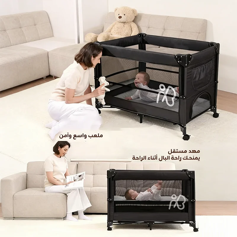 سرير أطفال متنقل باللون الأسود مع حقيبة حمل وحزام...