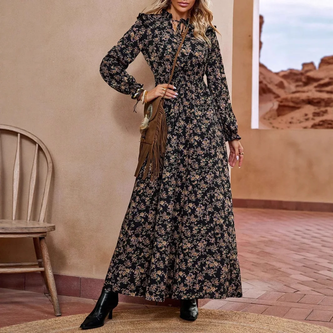 فساتين خريف 2025 للنساء فستان نسائي جديد بأكمام طويلة وياقة مكشكشة مطبوع برباط على شكل حرف a فستان نسائي فيستدوس دي موجر