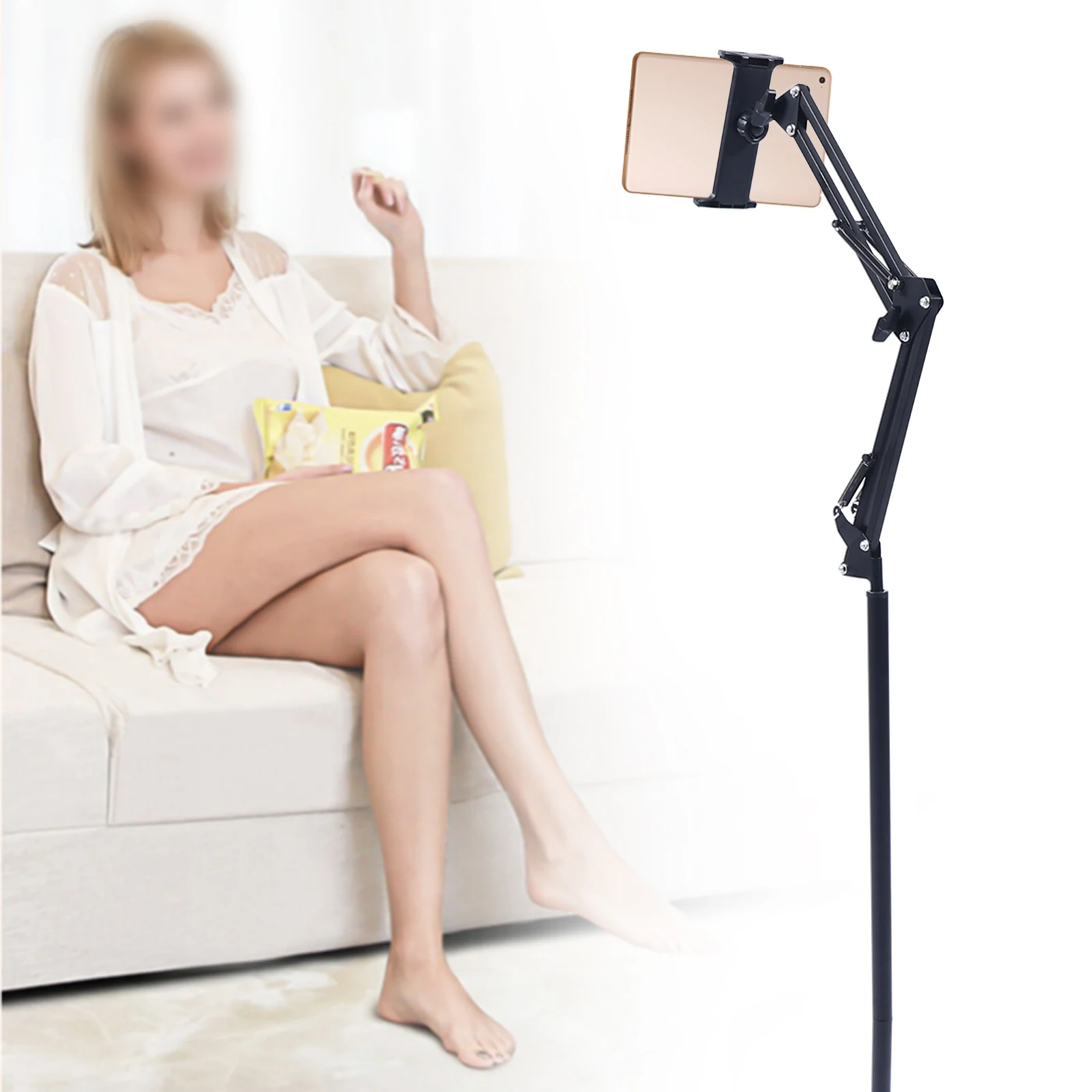 Adjustable Tablet Floor Stand 360° Swivel Height & Angle Adjustable Foldable Floor Holder Non-Slip Base for Home Office