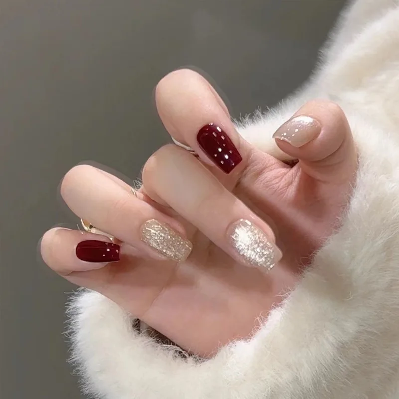 

24Pcs Handmade Wearing Nail Crystals Cat Eye Red Champagne Gilded Nail Patches Detachable Fake Nails