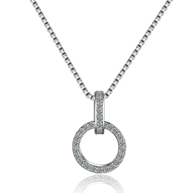 

925 Sterling Silver Double Round Circle CZ Zirconia Necklaces & Pendants For Women Gift kolye choker collares S-N63