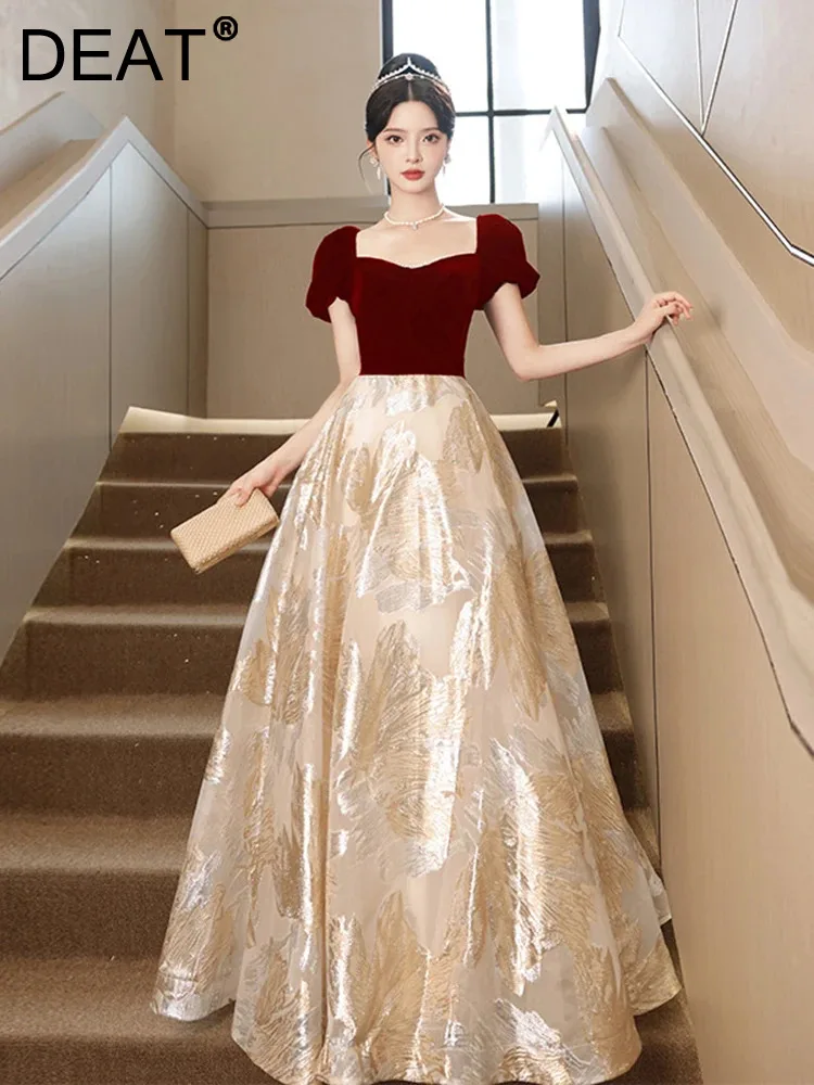 

DEAT Elegant Dress Square Collar Puff Sleeve Patchwork Floor-Length Women's Evening Party Dresses 2024 Spring New Fashion 35Z188