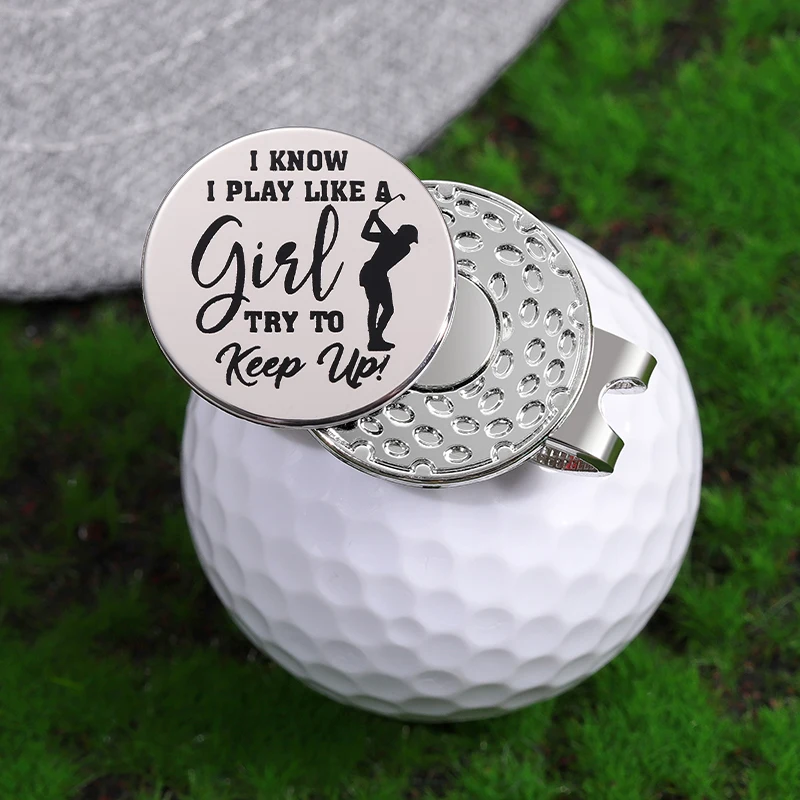 Golf Ball Mark, Golf Hat Clip I Know I Play Like A Girl Try To Keep Up Golf Ball Marker with Magnetic Hat Clip Cap Metal Clips Golf Training Aids Accessories