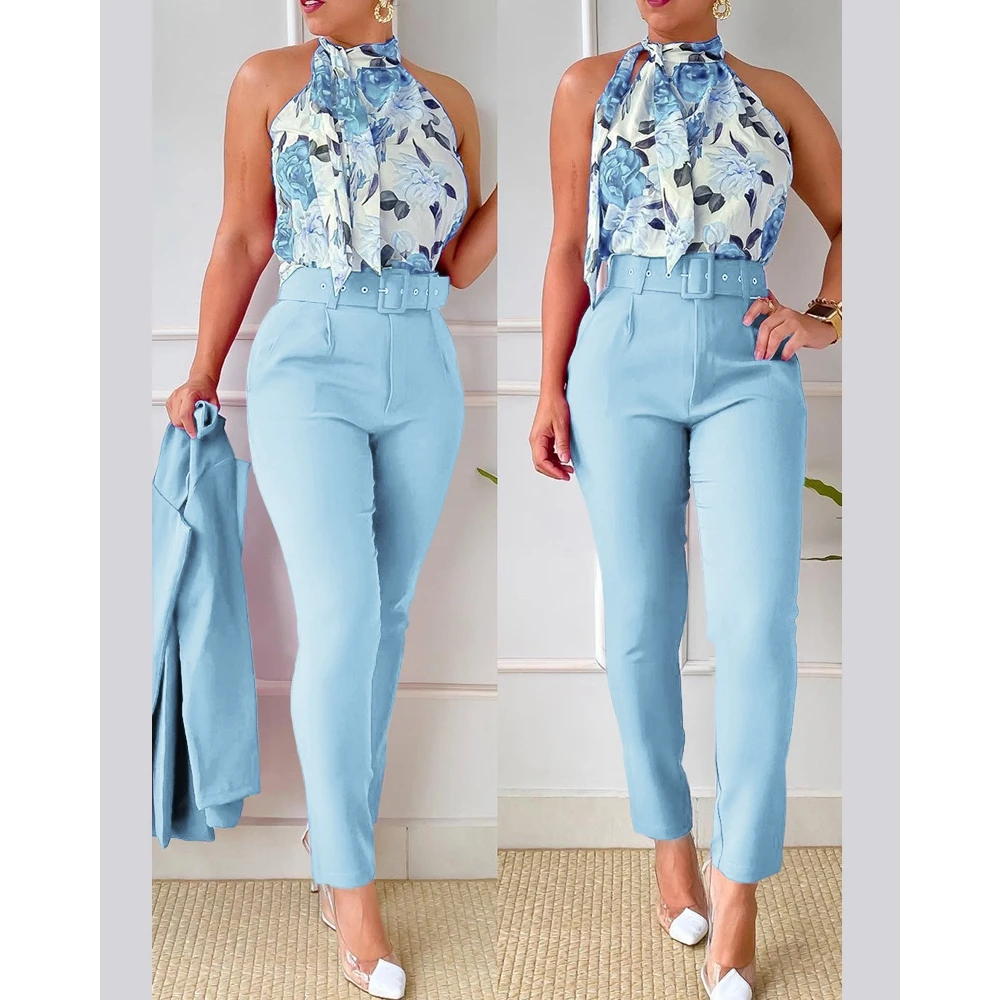 Women's Casual Summer Floral Print Sleeveless Blouse Top & High Waist Pencil Pants Set with Belt Work 2 Pcs Set Office Suit Sets women summer casual floral print pants set sexy sleeveless strap short tops