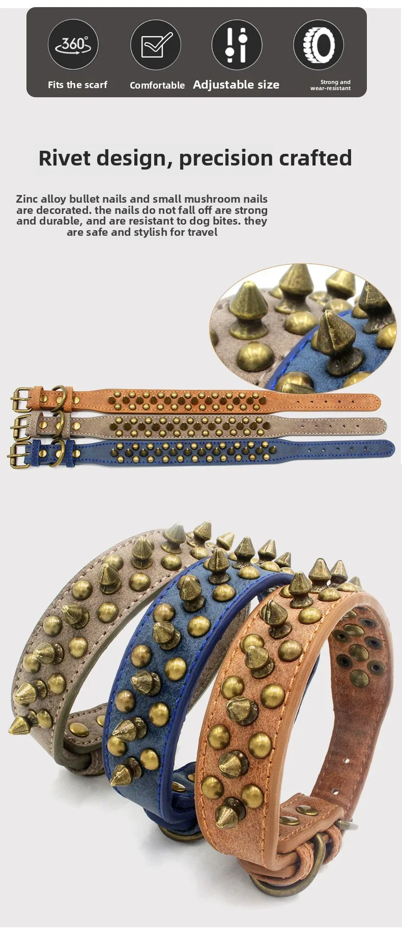 Beißfreies Hundehalsband mit aufwendiger Leder- und Nietenverarbeitung.