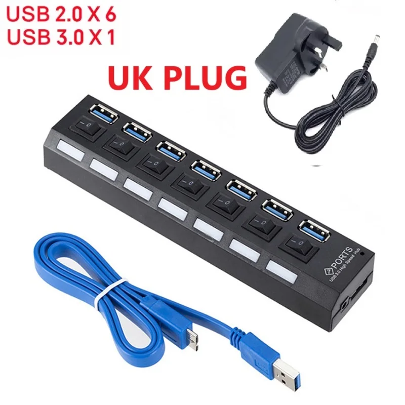 High-Speed USB 3.0 Hub with 4 or 7 Ports and External Power Adapter