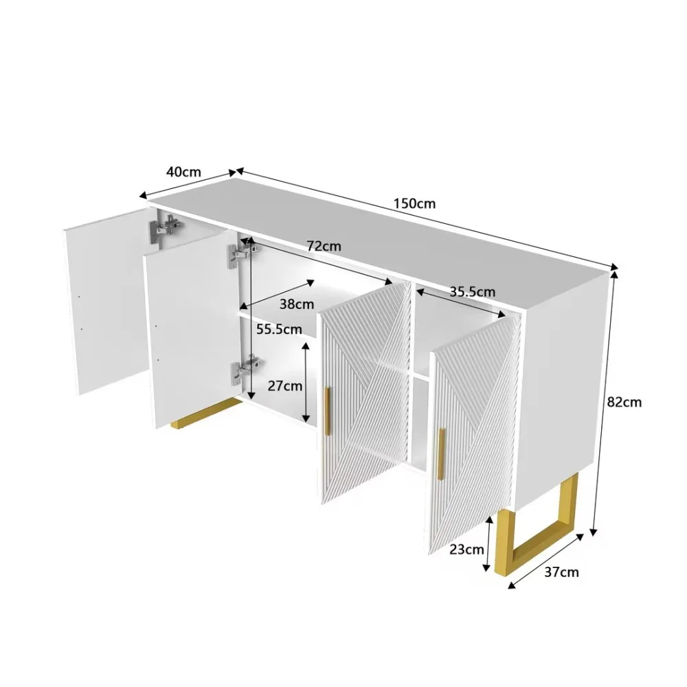 150 cm großes luxuriöses weißes Sideboard mit hochglänzenden strukturierten Türen und goldenen Griffen, 4-türiges Design, höhenverstellbare Regale – Detail 2