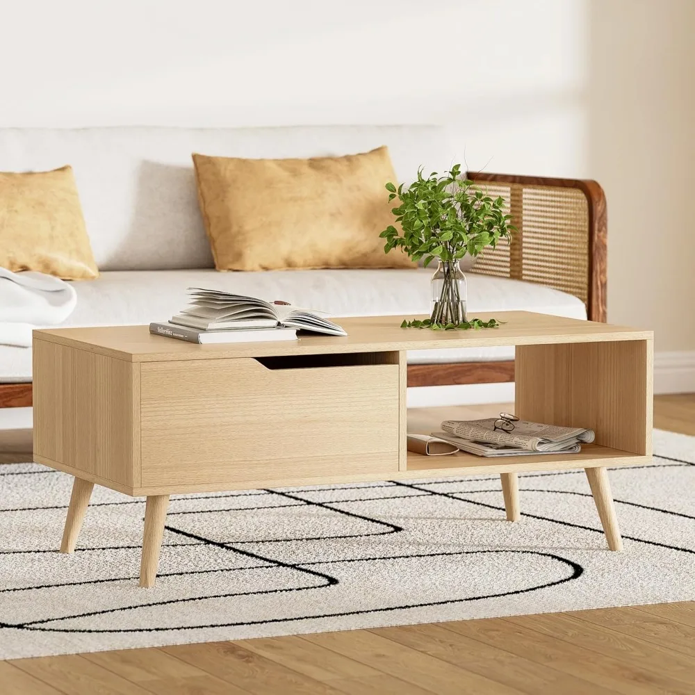 Oak Coffee Table, Mid Century Modern Coffee Table with Drawer & Shelf, 39'' Wooden Simple Console Table for Living Room 4