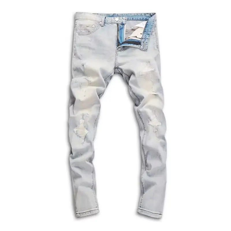 Fashion Designer Men Jeans Retro Washed Light Blue Elastic Stretch Slim Fit Ripped Jeans Men Broken Hole Vintage Denim Pants