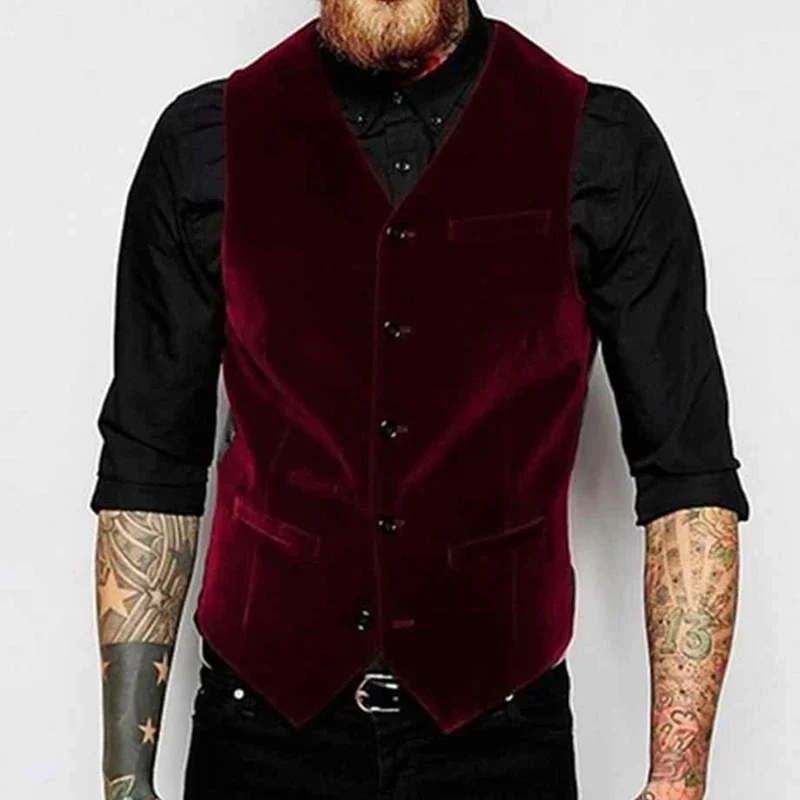 Burgundy Velvet Vest for Men Suit V Neck Single Breasted 1 Piece Casual Male Waistcoat New Fashion Coat 5