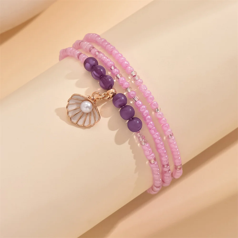 Fashion Cute Shell Pearl Purple Rice Bead Anklets For Women Gold Color Foot Chain Beach Jewelry Ankle Bracelet Summer Accessory