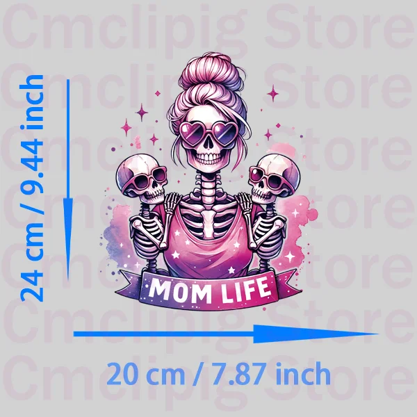 Funny Skeleton Mom's Life club patches Clorhing stickers Flex fusible transfer stripes appliques