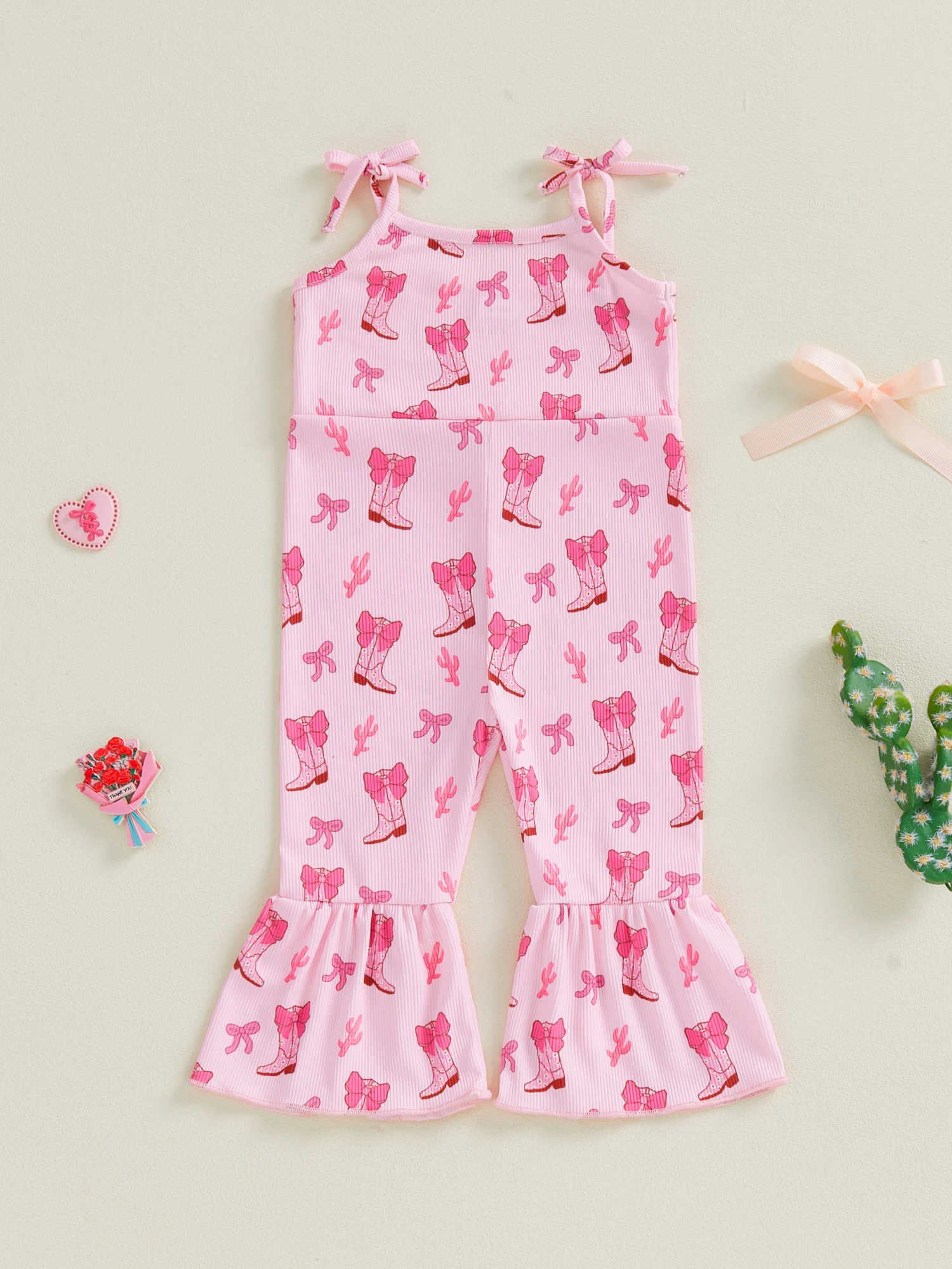 Kids Denim Overalls Western Style Sleeveless Tie Shoulder Strap Bow Boots Print Romper Toddler Bell Bottoms Jeans