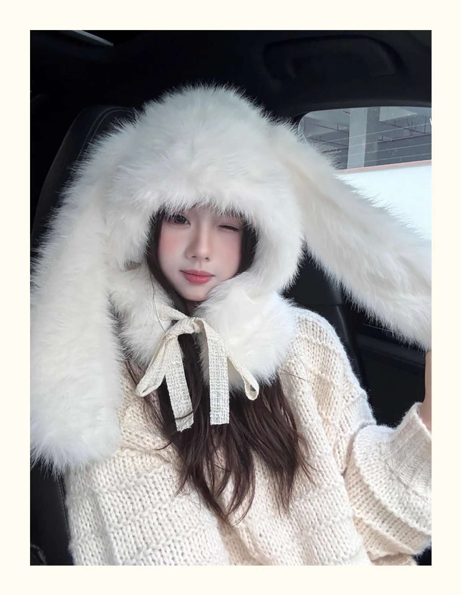 Bunny White Plush Rabbit Ear Hat Women Winter Cute Warm Balaclava Scarf Integrated Neck Protection Neck Cover Hat Beanies Gifts