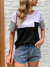 

2022 New Spring Summer O Neck Loose Casual T Shirt Female Patchwork Striped Short Sleeve Tops Woman Y2k Blouse