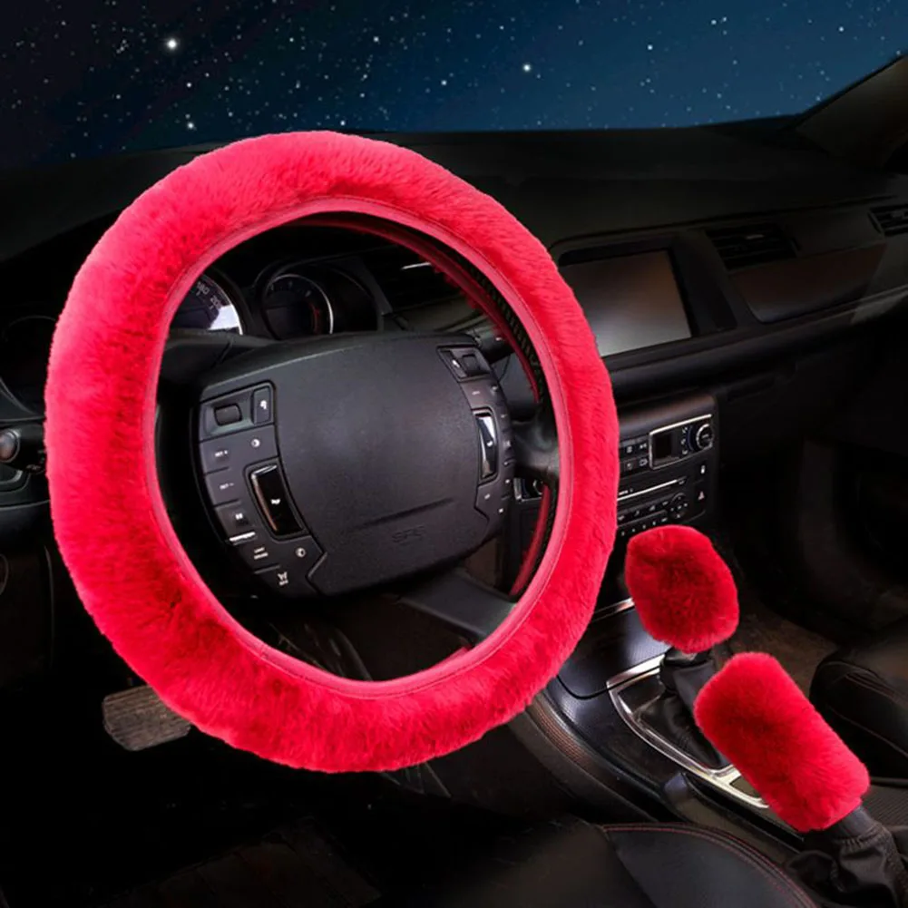 Car interior accessories 3pcs/Set warm faux wool steering wheel cover 38cm for car