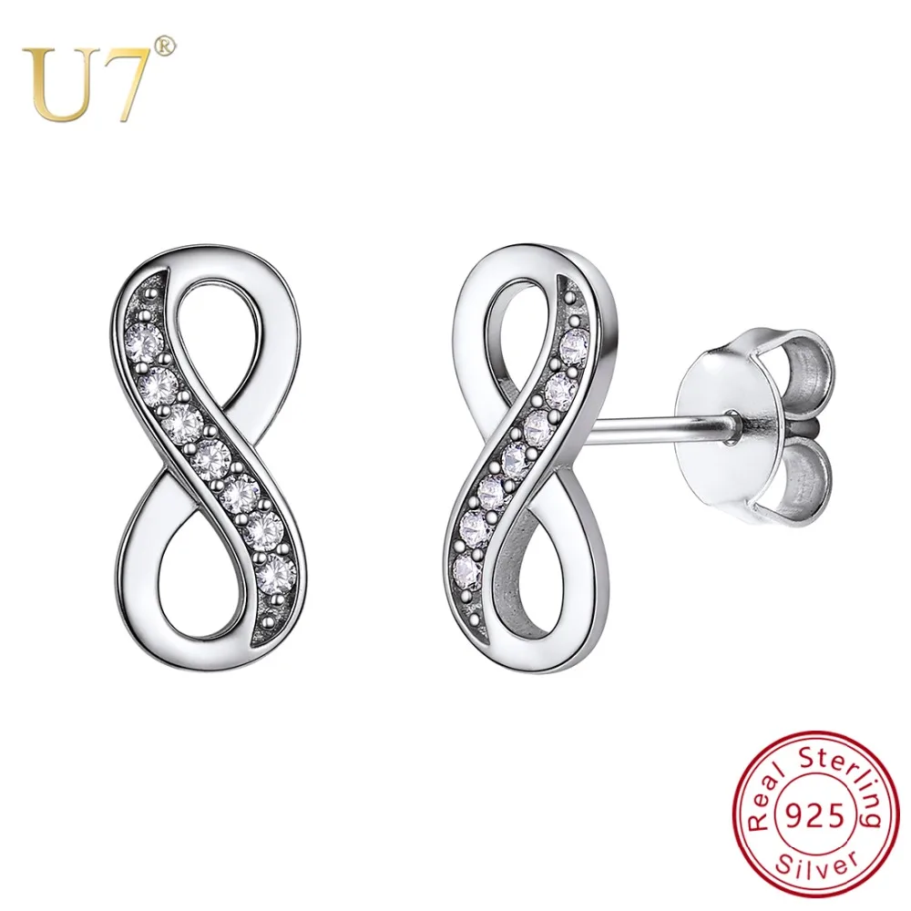 

U7 925 Sterling Silver Infinity CZ Stud Earring for Women Shiny White Cubic Zirconia Romantic Love Symbol Jewelry for Her
