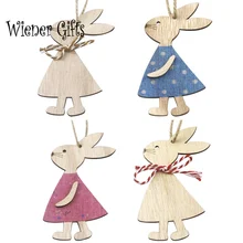 4pcs Easter Rabbit Wooden Decoration DIY Wood Hanging Crafts Cute Bunny Easter Ornaments Party Supplies  Crafts Party decoration